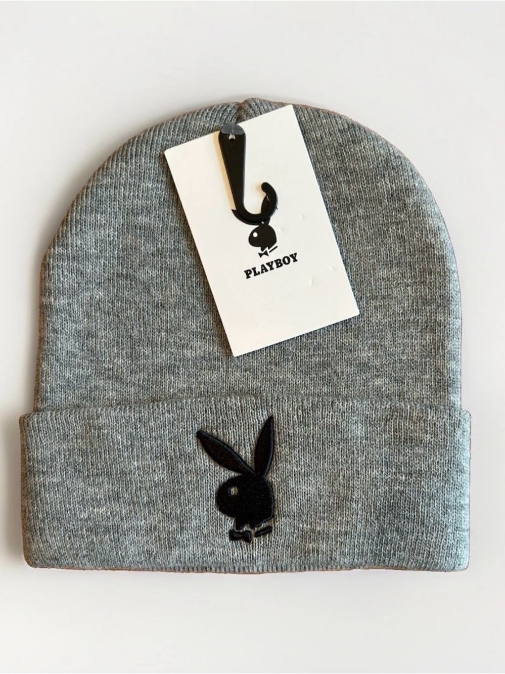 Playboy Bunny Logo Knit Cuffed Beanie Hat Gray Black Embroidered Logo